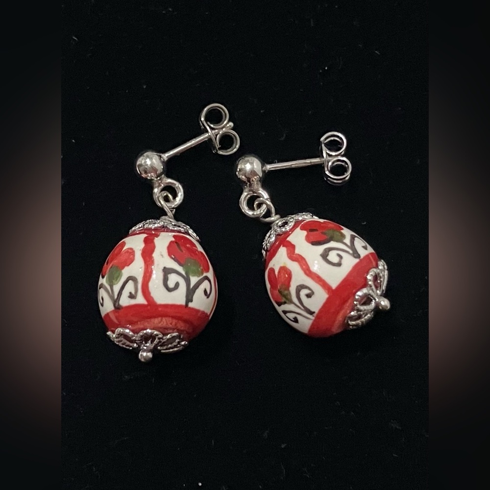 Sterling Silver Ceramic Flowers Drop Earrings